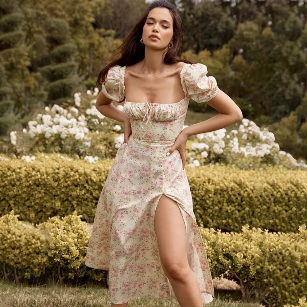 Floral dress puff sleeve summer flower slit long - Picture 3 of 11